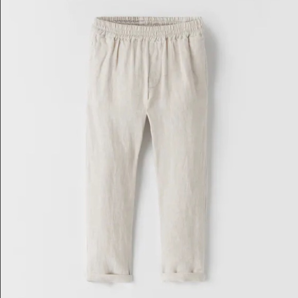 Zara Elastic Trim Linen Pants in “Natural”